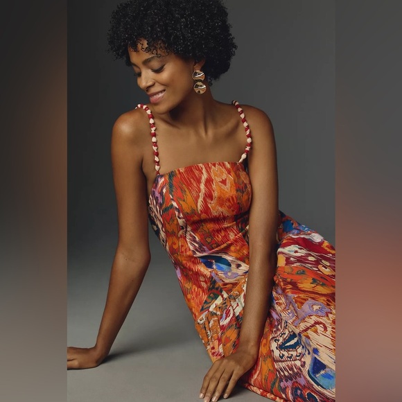 Farm Rio x Anthropologie Sleeveless Midi Dress new size large orange drop waist - Picture 4 of 12